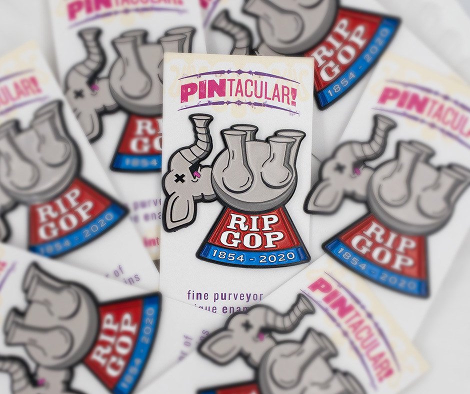 A stack of RIP GOP pins on printed Pintacular backing cards